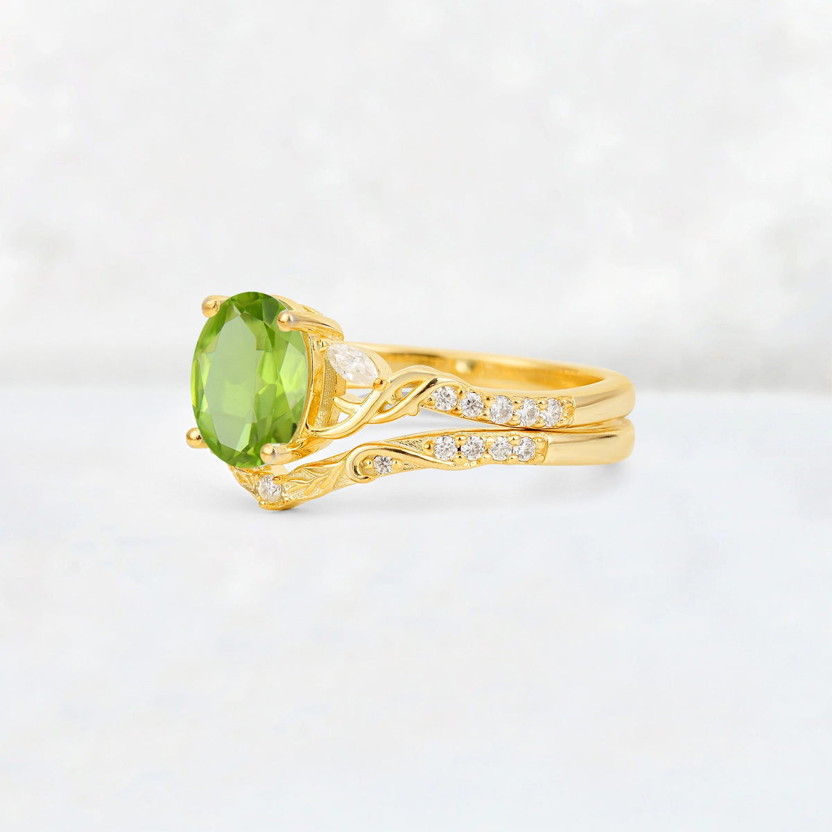 Oval Cut Peridot Wedding Ring Set with Leaf and Vine Detail - Rose-Gold