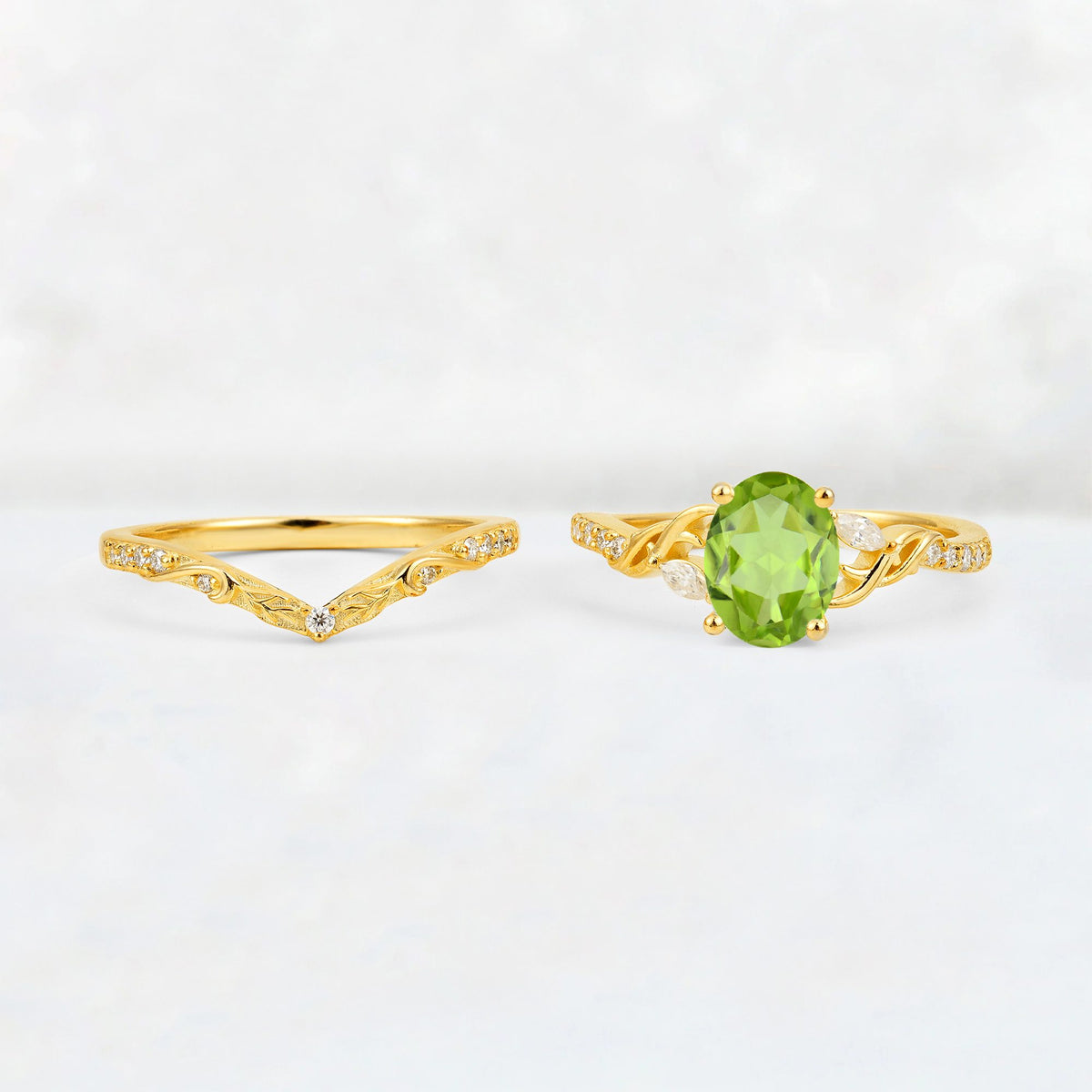Oval Cut Peridot Wedding Ring Set with Leaf and Vine Detail - White-Gold