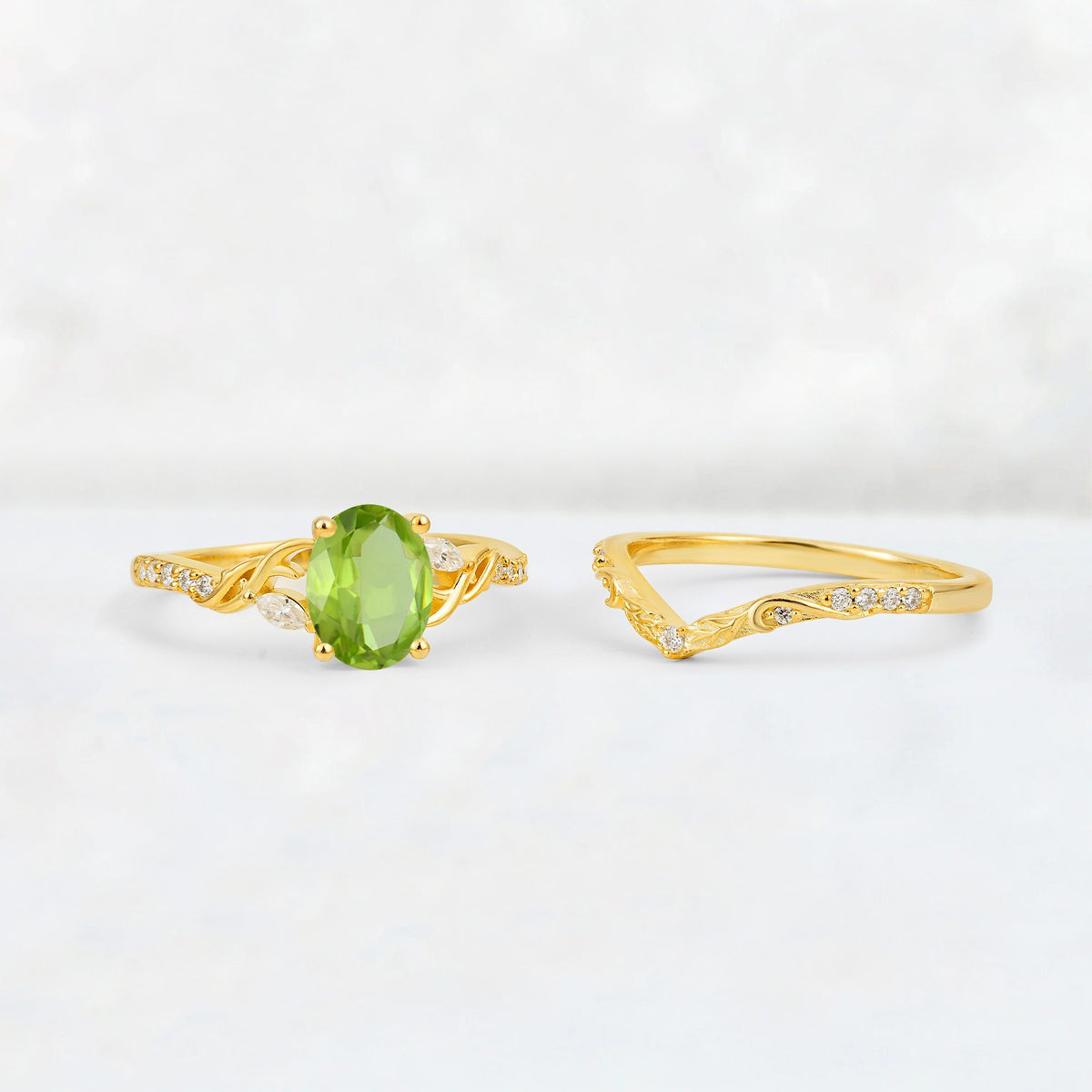 Oval Cut Peridot Wedding Ring Set with Leaf and Vine Detail - Additional view