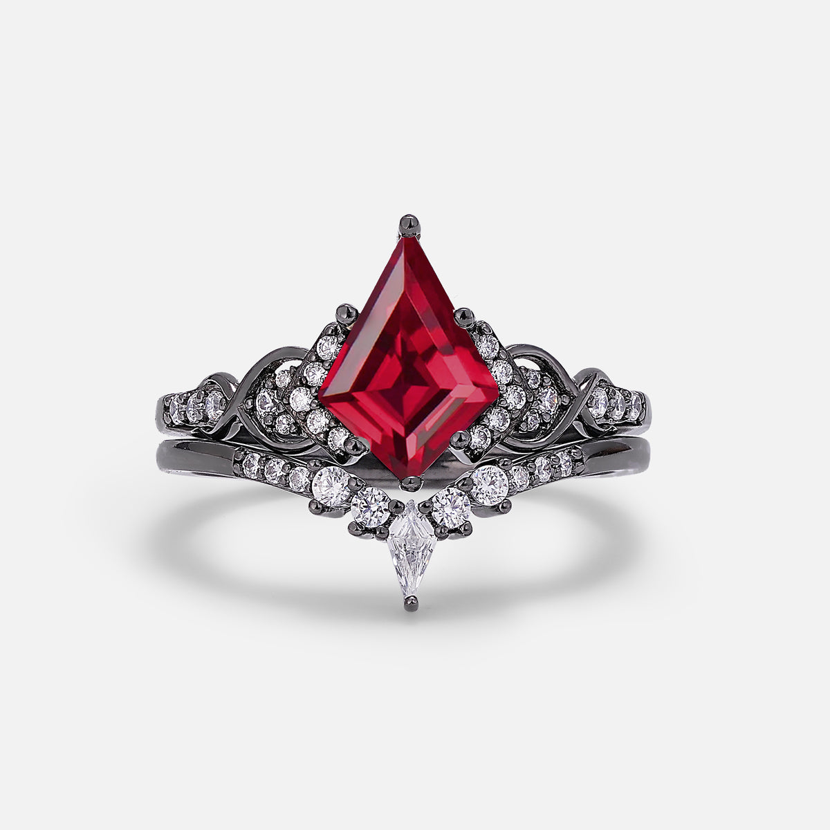 Halloween Kite Cut Ruby Crown Bridal Ring Set