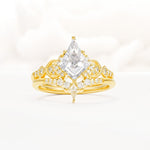 Vintage Kite Cut Moissanite Engagement Ring Set with Chevron Band - Yellow-Gold