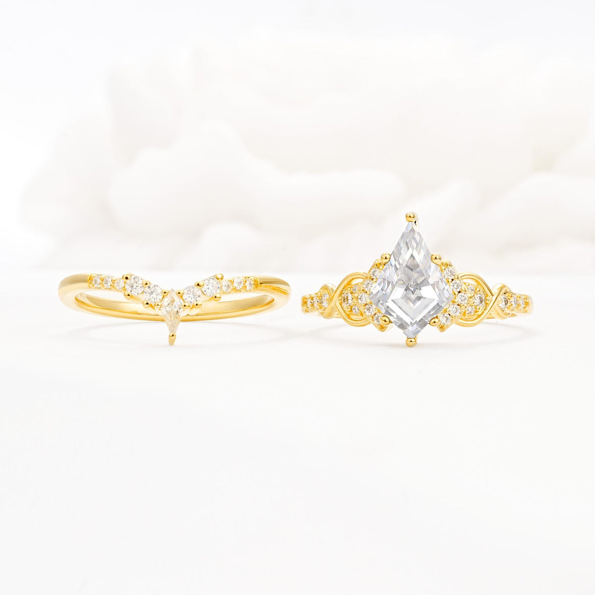 Vintage Kite Cut Moissanite Engagement Ring Set with Chevron Band - White-Gold