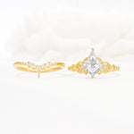 Vintage Kite Cut Moissanite Engagement Ring Set with Chevron Band - White-Gold