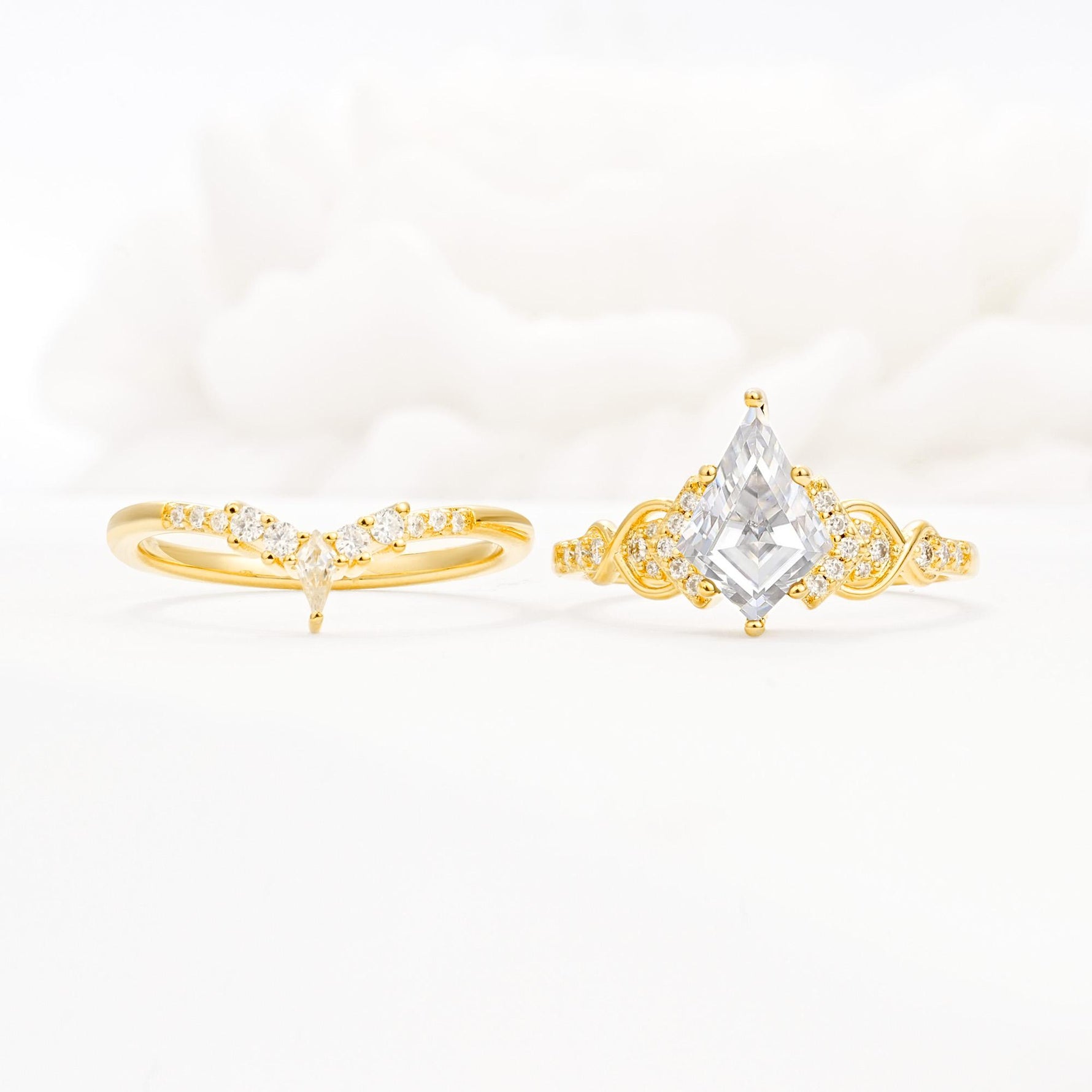 Vintage Kite Cut Moissanite Engagement Ring Set with Chevron Band - White-Gold