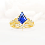 Vintage Kite Cut Sapphire Engagement Ring Set with Chevron Band - Yellow-Gold