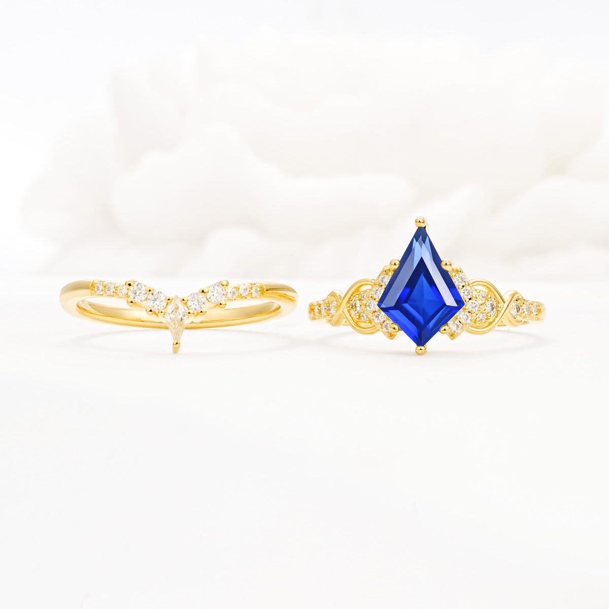 Vintage Kite Cut Sapphire Engagement Ring Set with Chevron Band - White-Gold