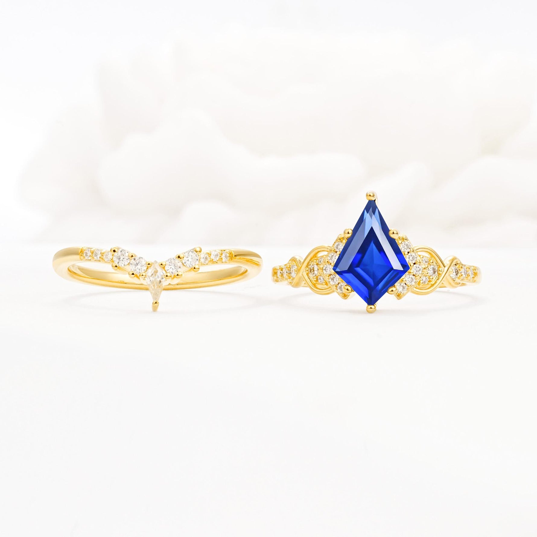 Vintage Kite Cut Sapphire Engagement Ring Set with Chevron Band - White-Gold