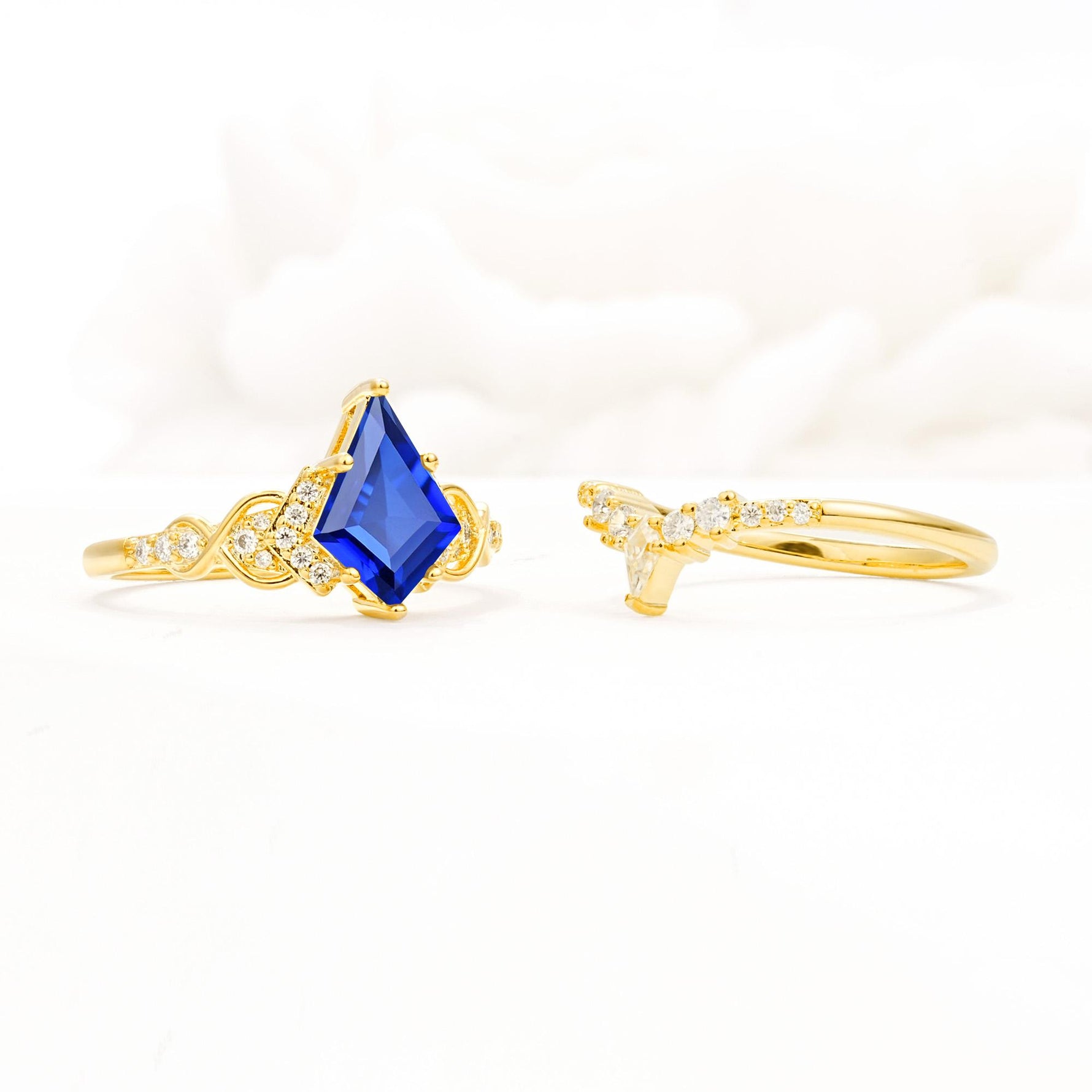 Vintage Kite Cut Sapphire Engagement Ring Set with Chevron Band - Additional view