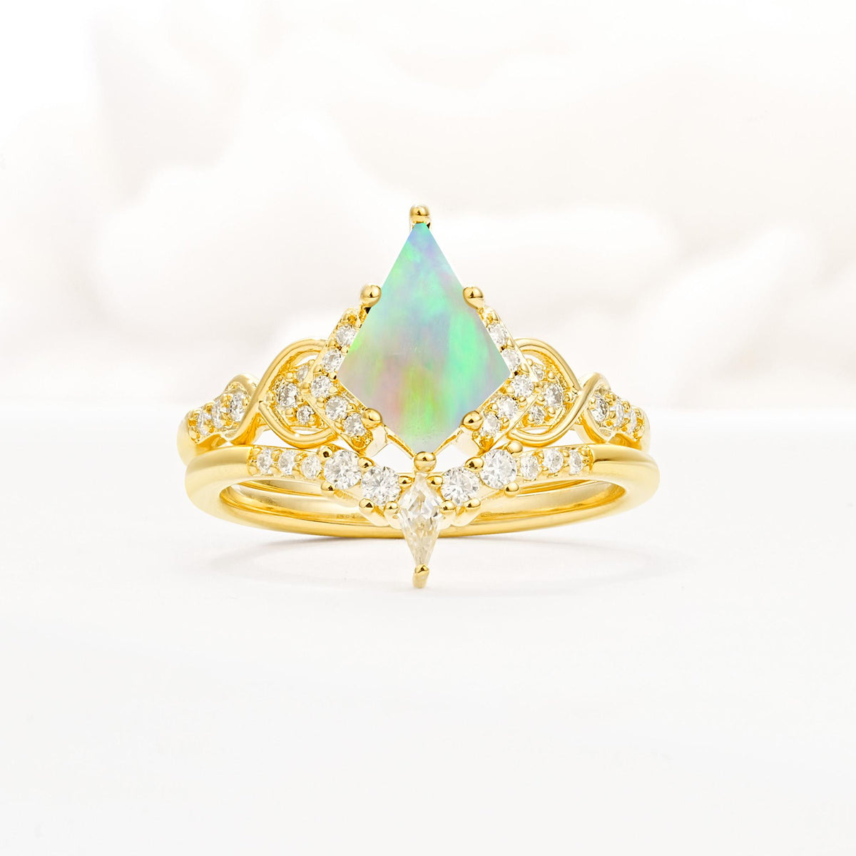 Vintage Kite Cut Fire Opal Engagement Ring Set with Chevron Band - Yellow-Gold