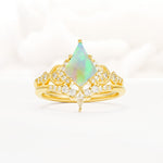 Vintage Kite Cut Fire Opal Engagement Ring Set with Chevron Band - Yellow-Gold