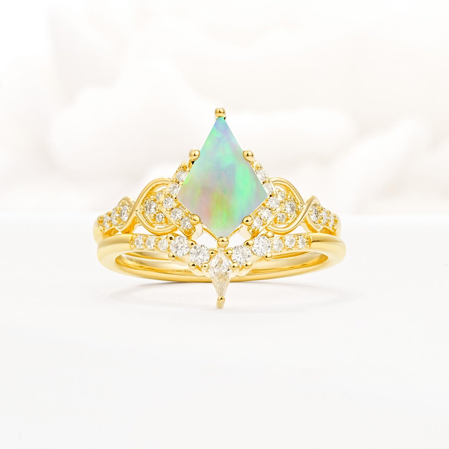 Vintage Kite Cut Fire Opal Engagement Ring Set with Chevron Band - Yellow-Gold