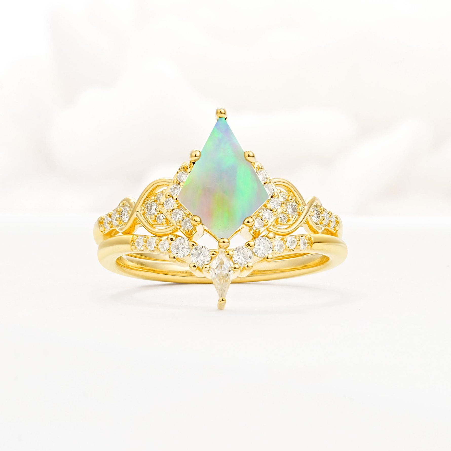 Vintage Kite Cut Fire Opal Engagement Ring Set with Chevron Band - Yellow-Gold