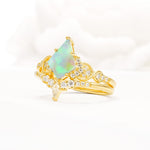 Vintage Kite Cut Fire Opal Engagement Ring Set with Chevron Band - Rose-Gold