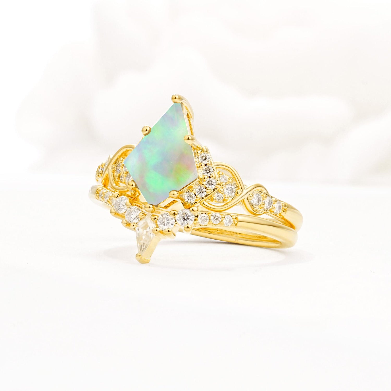 Vintage Kite Cut Fire Opal Engagement Ring Set with Chevron Band - Rose-Gold