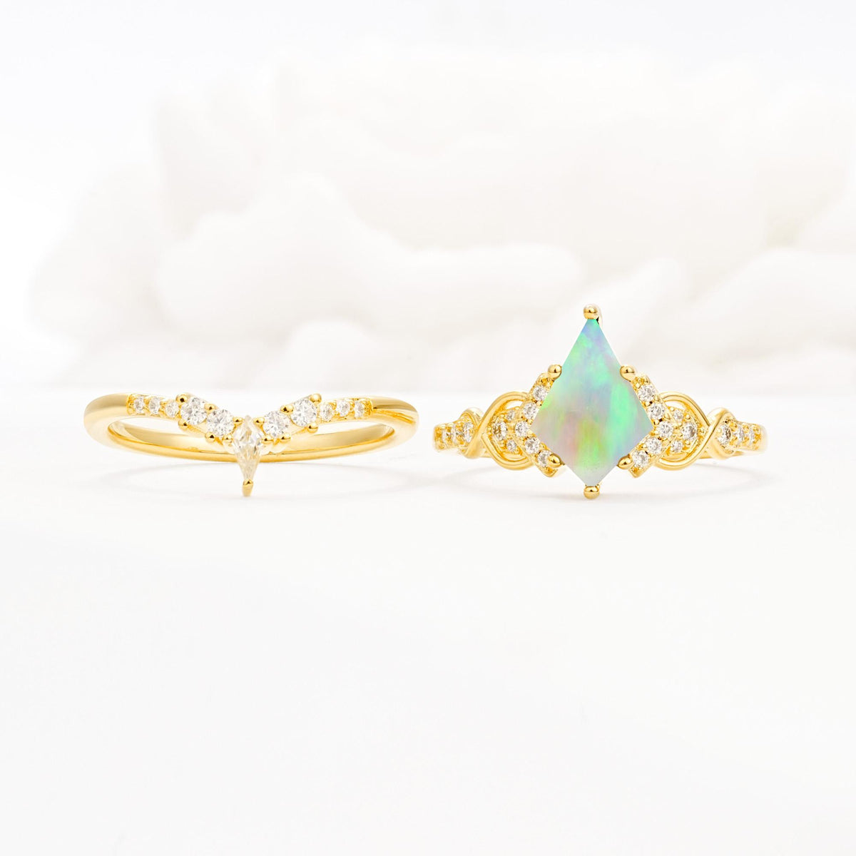 Vintage Kite Cut Fire Opal Engagement Ring Set with Chevron Band - White-Gold
