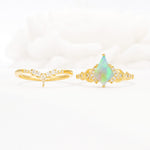 Vintage Kite Cut Fire Opal Engagement Ring Set with Chevron Band - White-Gold