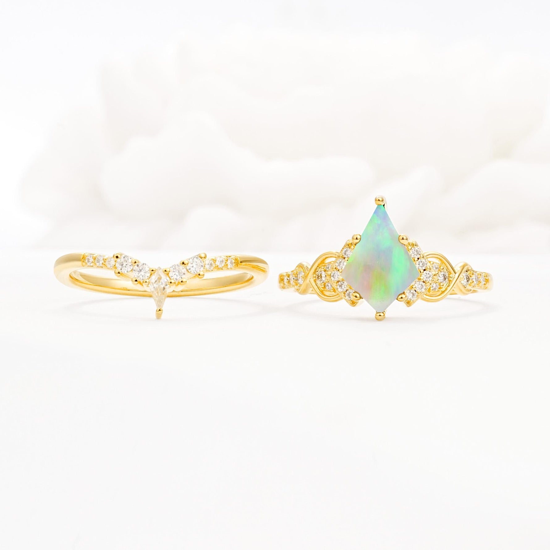 Vintage Kite Cut Fire Opal Engagement Ring Set with Chevron Band - White-Gold