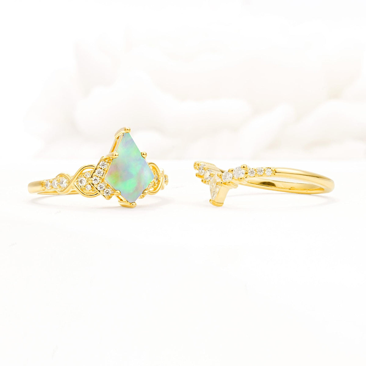 Vintage Kite Cut Fire Opal Engagement Ring Set with Chevron Band - Additional view