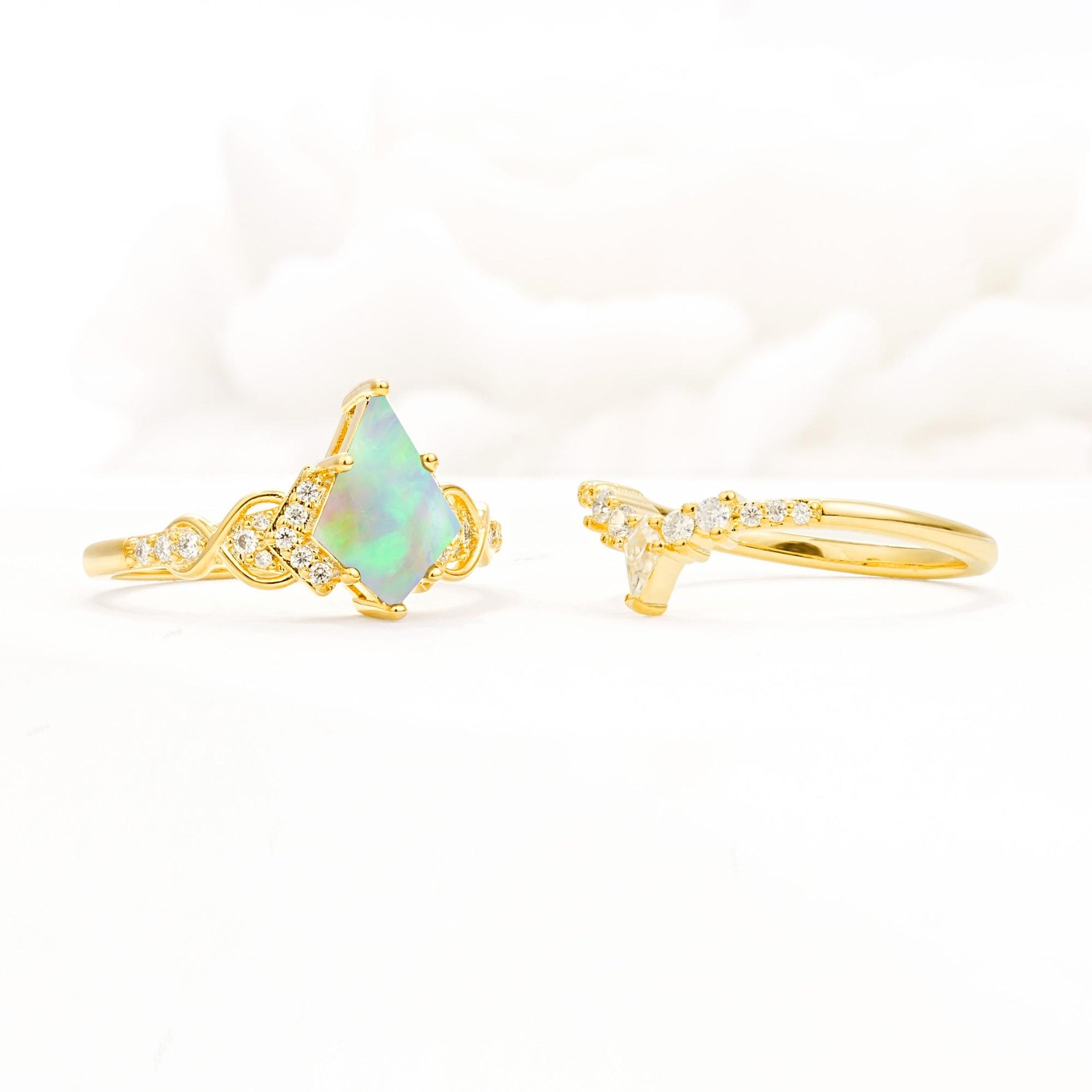 Vintage Kite Cut Fire Opal Engagement Ring Set with Chevron Band - Additional view
