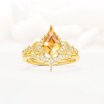 Vintage Kite Cut Citrine Engagement Ring Set with Chevron Band - Yellow-Gold