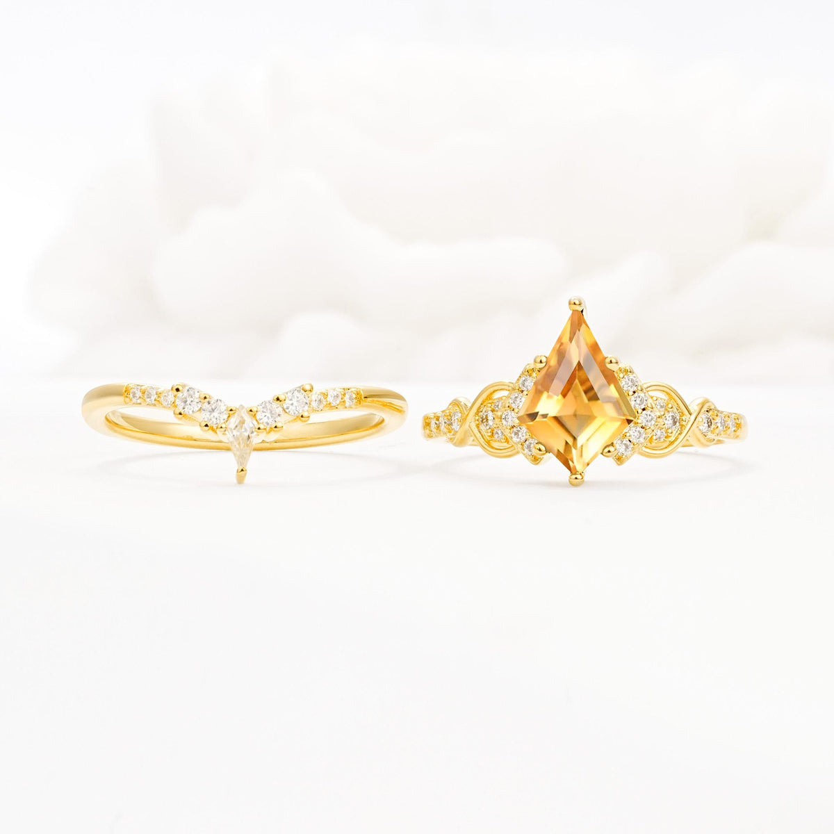 Vintage Kite Cut Citrine Engagement Ring Set with Chevron Band - White-Gold