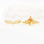 Vintage Kite Cut Citrine Engagement Ring Set with Chevron Band - White-Gold
