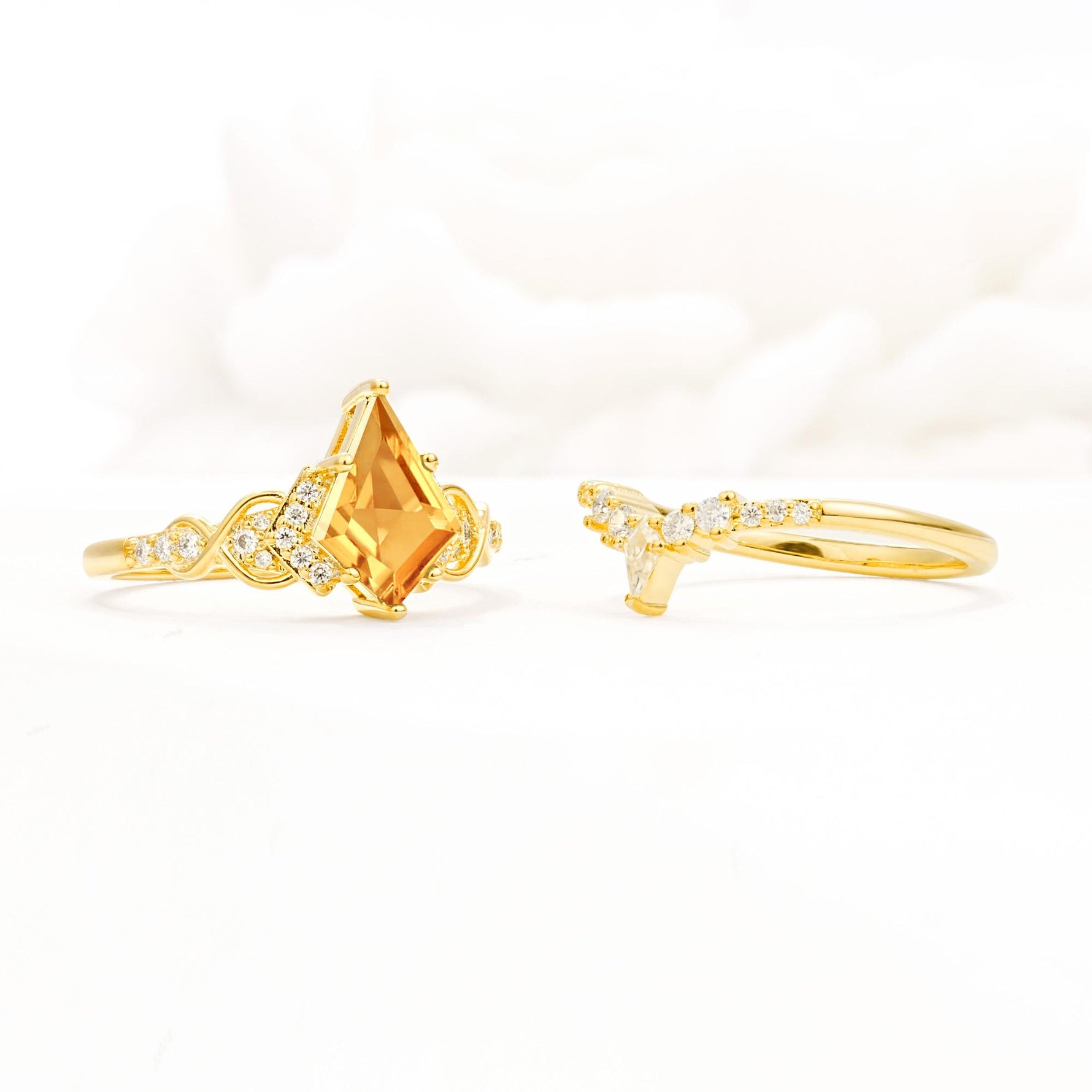 Vintage Kite Cut Citrine Engagement Ring Set with Chevron Band - Additional view