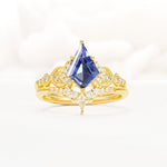 Vintage Kite Cut Tanzanite Engagement Ring Set with Chevron Band - Yellow-Gold