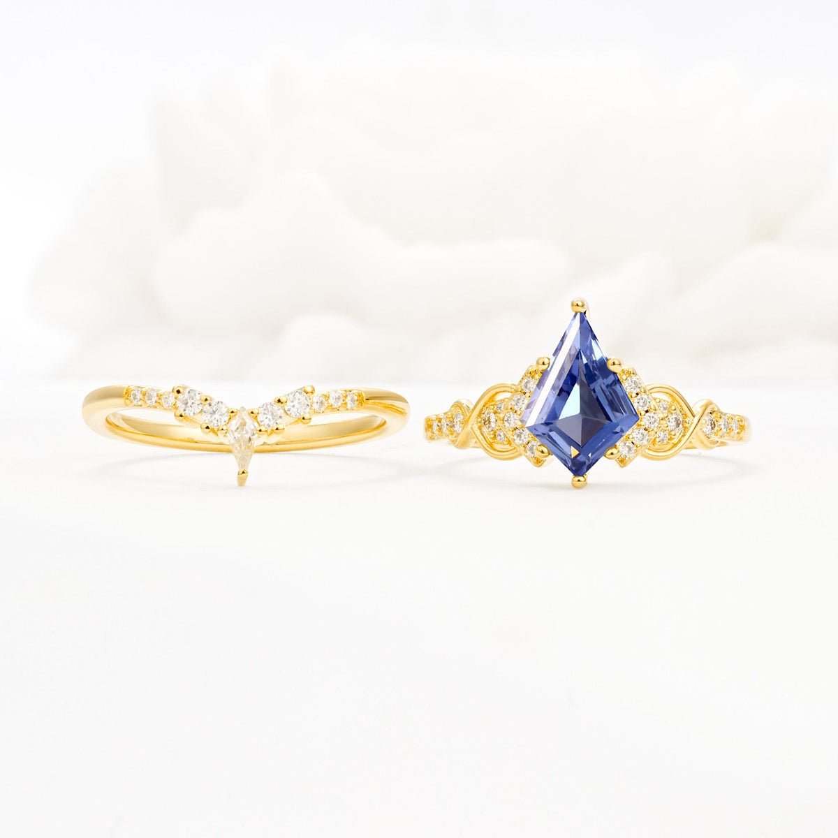 Vintage Kite Cut Tanzanite Engagement Ring Set with Chevron Band - White-Gold