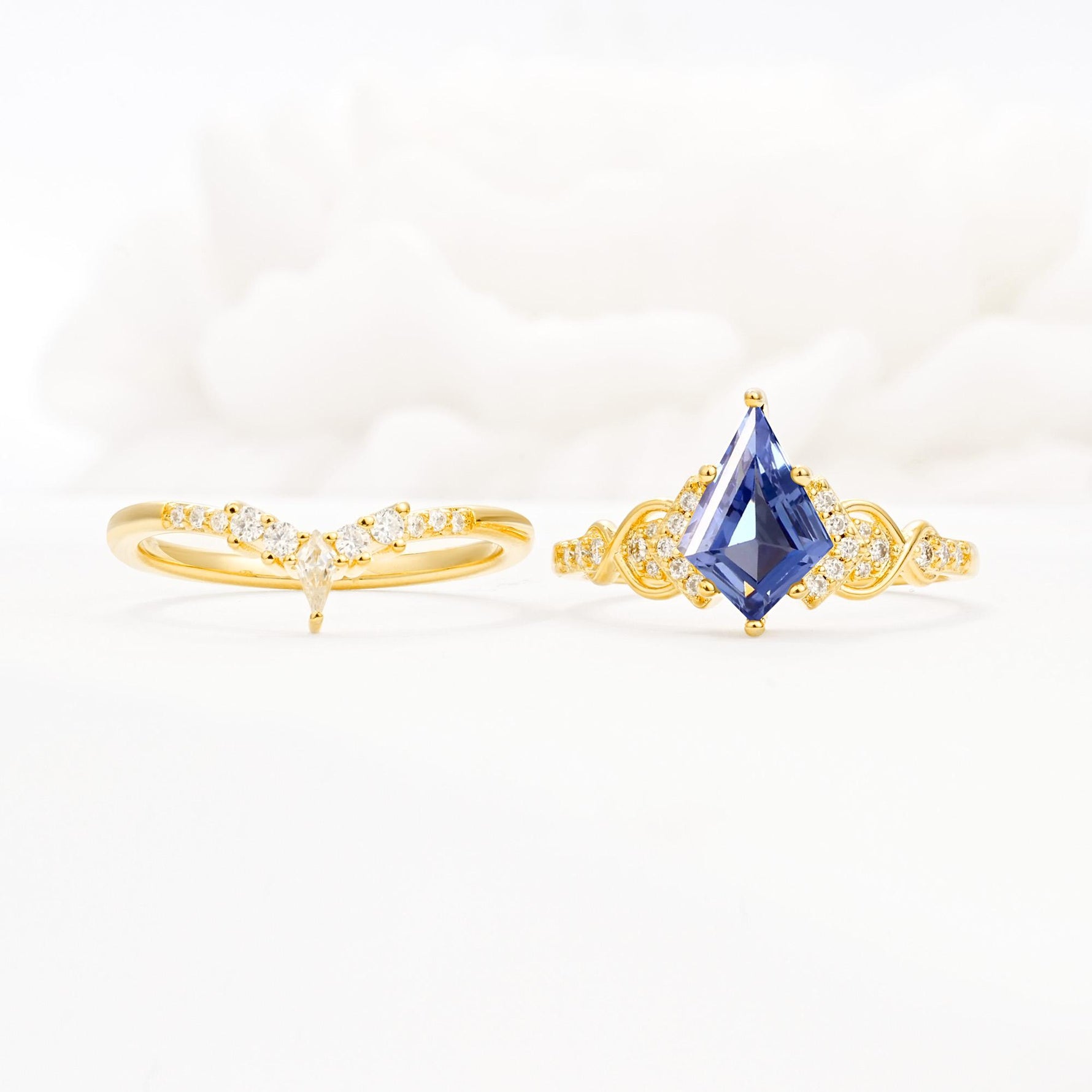 Vintage Kite Cut Tanzanite Engagement Ring Set with Chevron Band - White-Gold