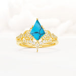 Vintage Kite Cut Turquoise Engagement Ring Set with Chevron Band - Yellow-Gold