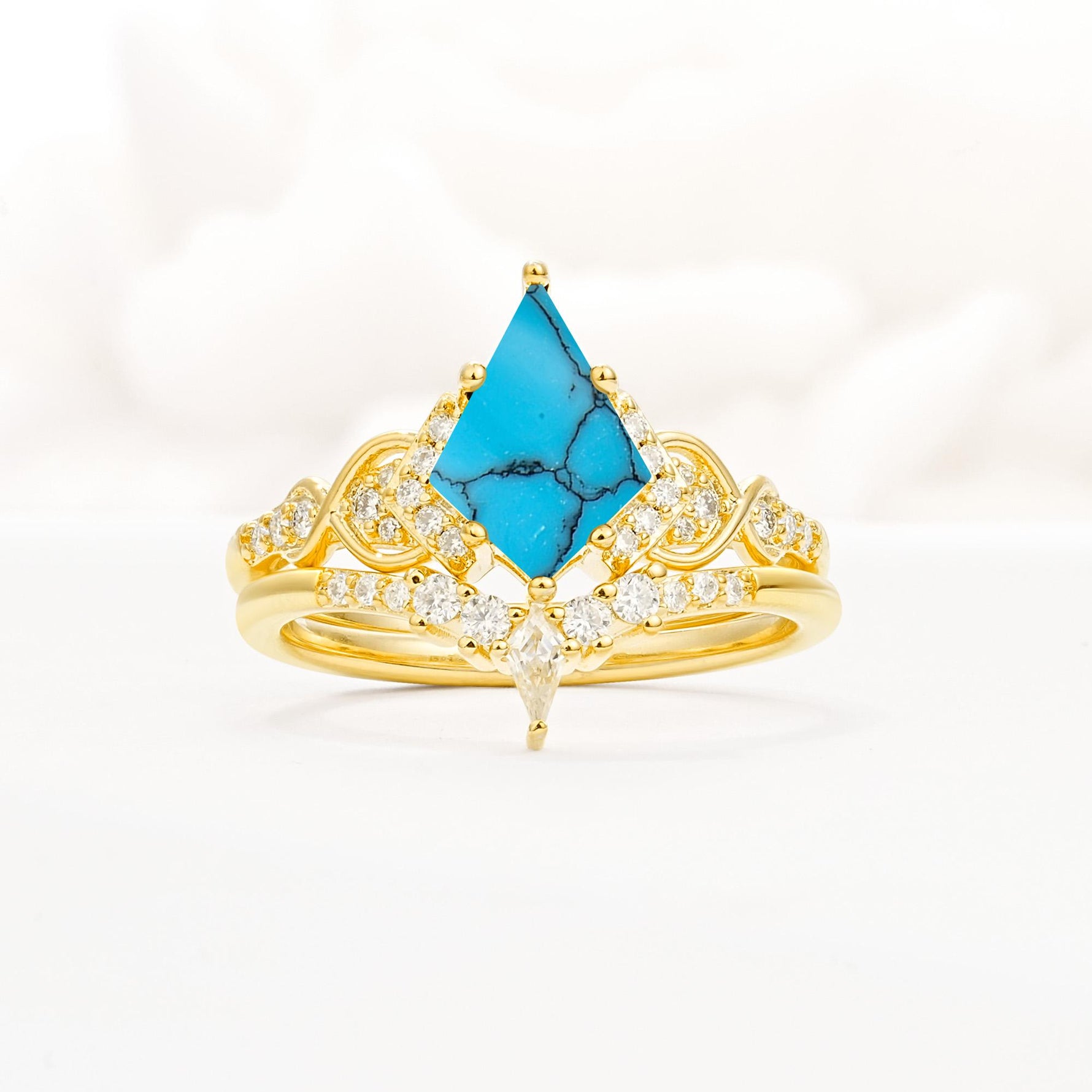 Vintage Kite Cut Turquoise Engagement Ring Set with Chevron Band - Yellow-Gold
