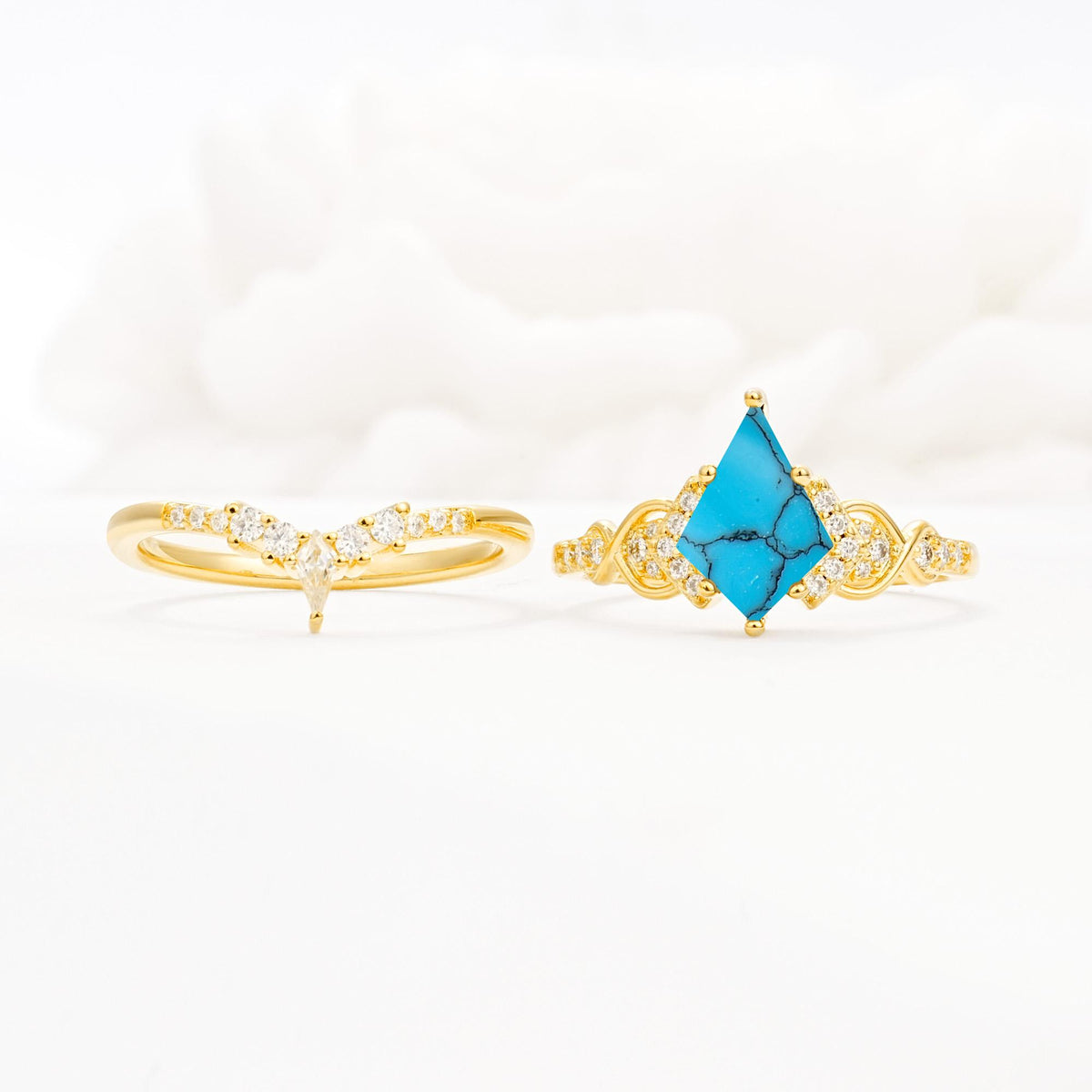 Vintage Kite Cut Turquoise Engagement Ring Set with Chevron Band - White-Gold