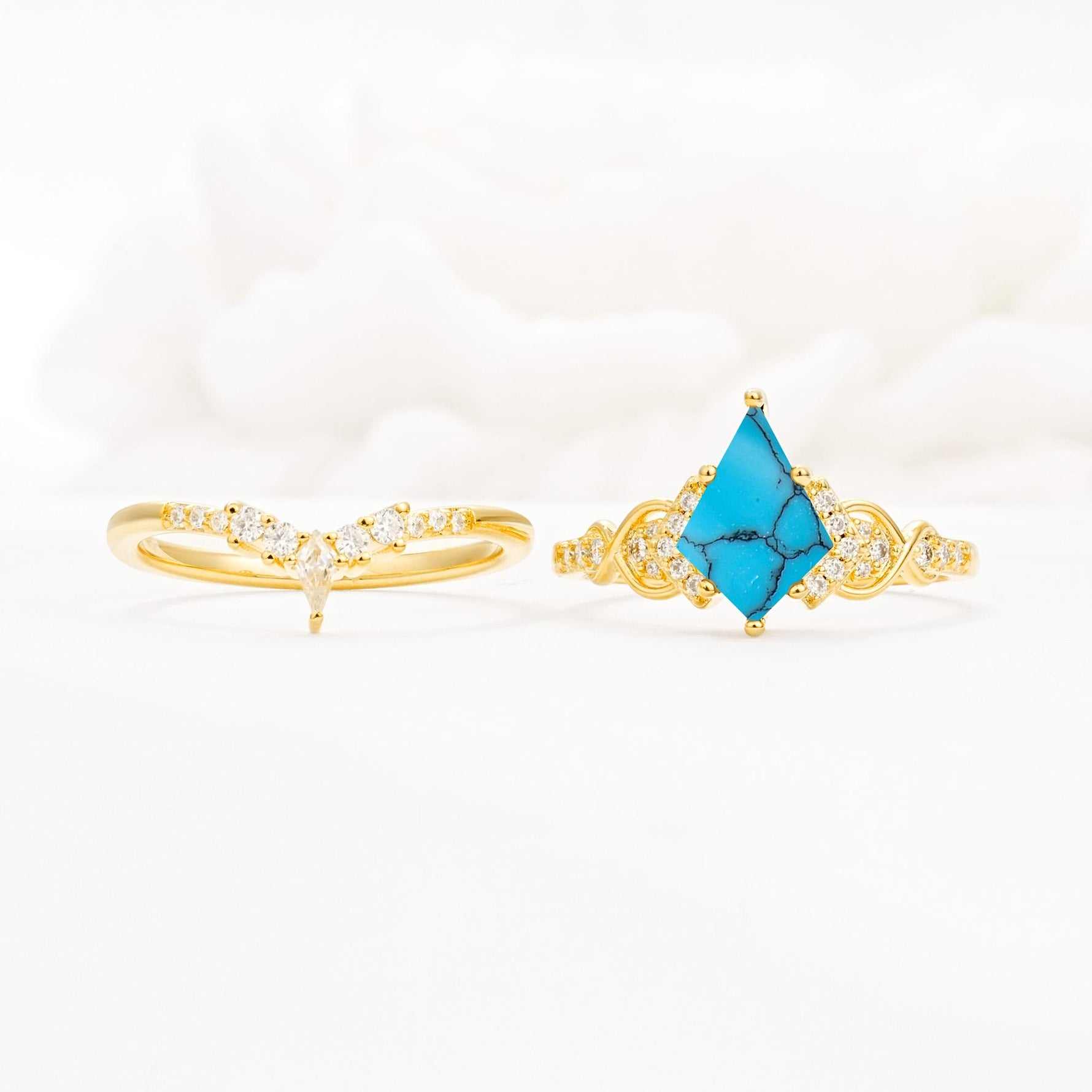 Vintage Kite Cut Turquoise Engagement Ring Set with Chevron Band - White-Gold