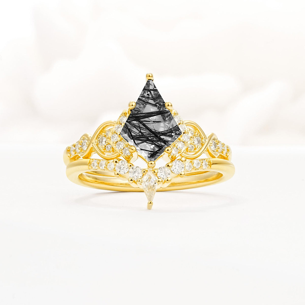 Vintage Kite Cut Black Rutilated Quartz Engagement Ring Set with Chevron Band - Yellow-Gold
