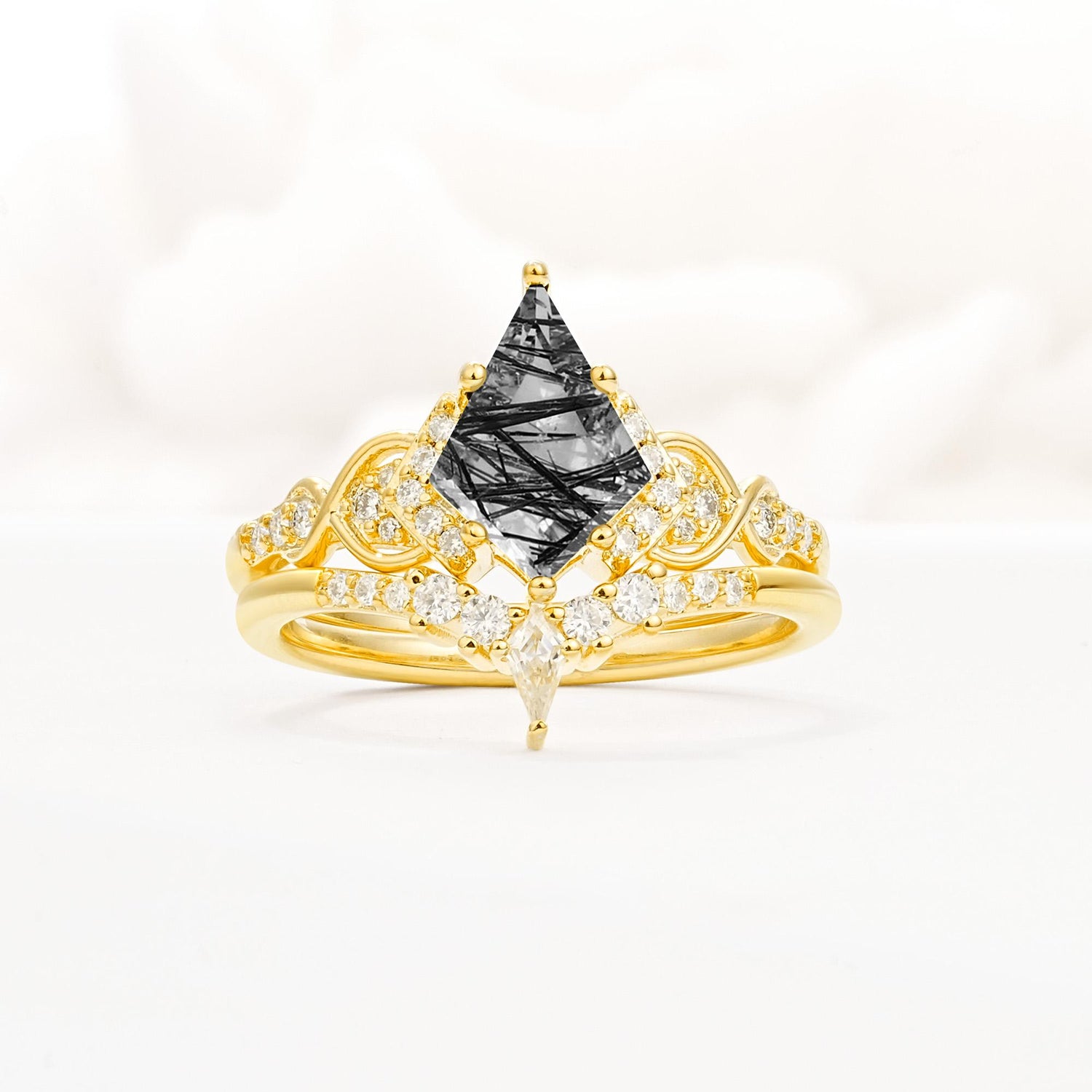 Vintage Kite Cut Black Rutilated Quartz Engagement Ring Set with Chevron Band - Yellow-Gold