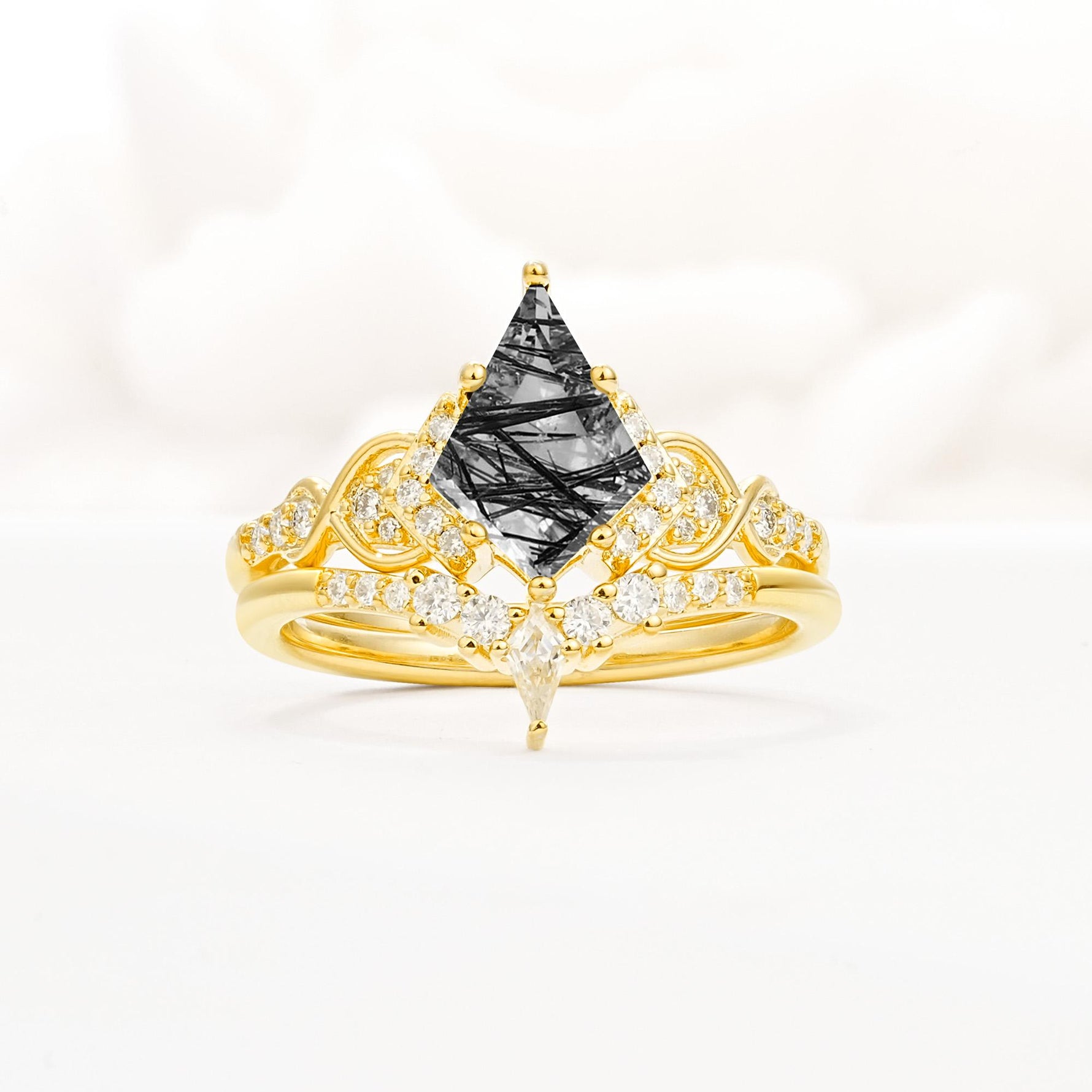 Vintage Kite Cut Black Rutilated Quartz Engagement Ring Set with Chevron Band - Yellow-Gold