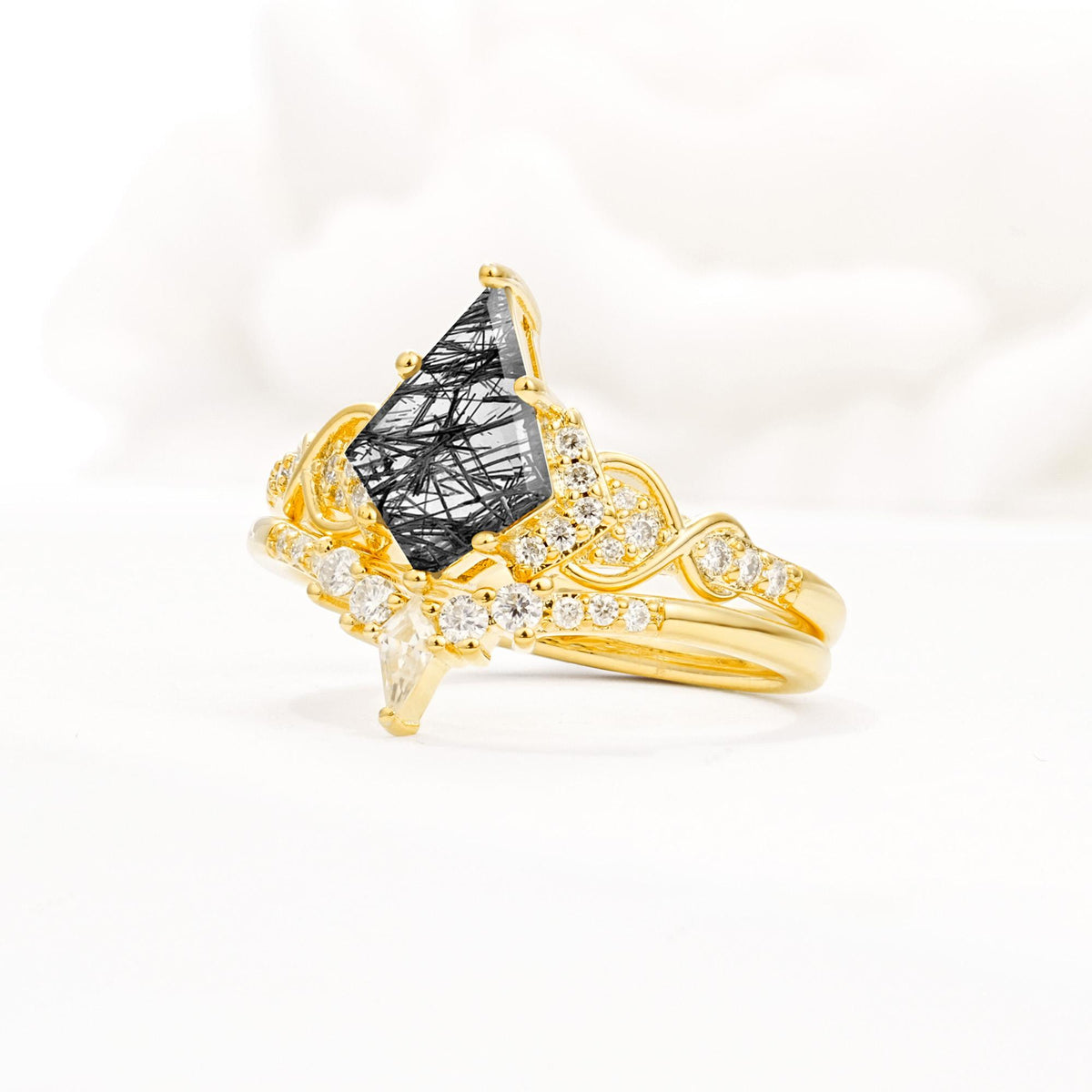 Vintage Kite Cut Black Rutilated Quartz Engagement Ring Set with Chevron Band - Rose-Gold