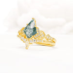 Vintage Kite Cut Moss Agate Engagement Ring Set with Chevron Band - Rose-Gold