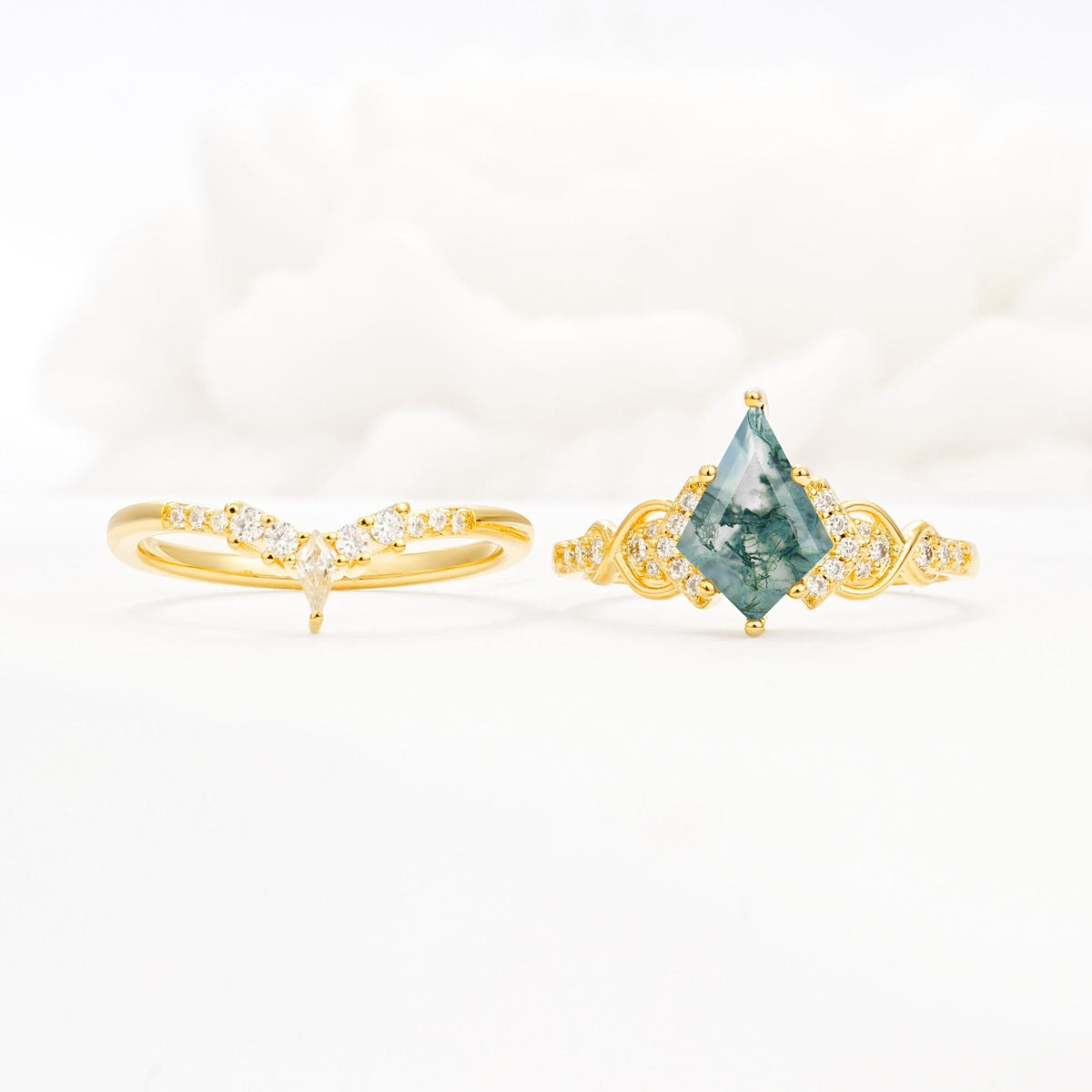 Vintage Kite Cut Moss Agate Engagement Ring Set with Chevron Band - White-Gold