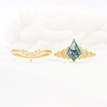 Vintage Kite Cut Moss Agate Engagement Ring Set with Chevron Band - White-Gold