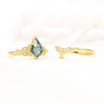 Vintage Kite Cut Moss Agate Engagement Ring Set with Chevron Band - Additional view