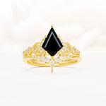 Vintage Kite Cut Black Onyx Engagement Ring Set with Chevron Band - Yellow-Gold