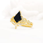 Vintage Kite Cut Black Onyx Engagement Ring Set with Chevron Band - Rose-Gold