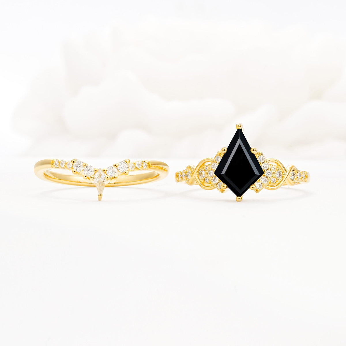 Vintage Kite Cut Black Onyx Engagement Ring Set with Chevron Band - White-Gold