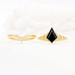 Vintage Kite Cut Black Onyx Engagement Ring Set with Chevron Band - White-Gold