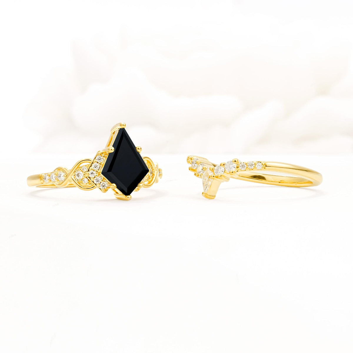 Vintage Kite Cut Black Onyx Engagement Ring Set with Chevron Band - Additional view