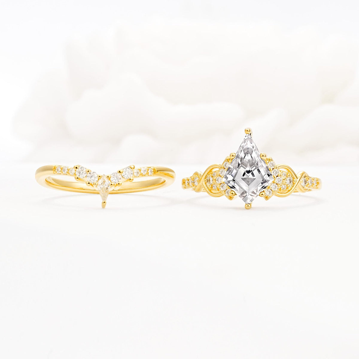 Vintage Kite Cut Lab Diamond Engagement Ring Set with Chevron Band - White-Gold