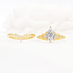 Vintage Kite Cut Lab Diamond Engagement Ring Set with Chevron Band - White-Gold