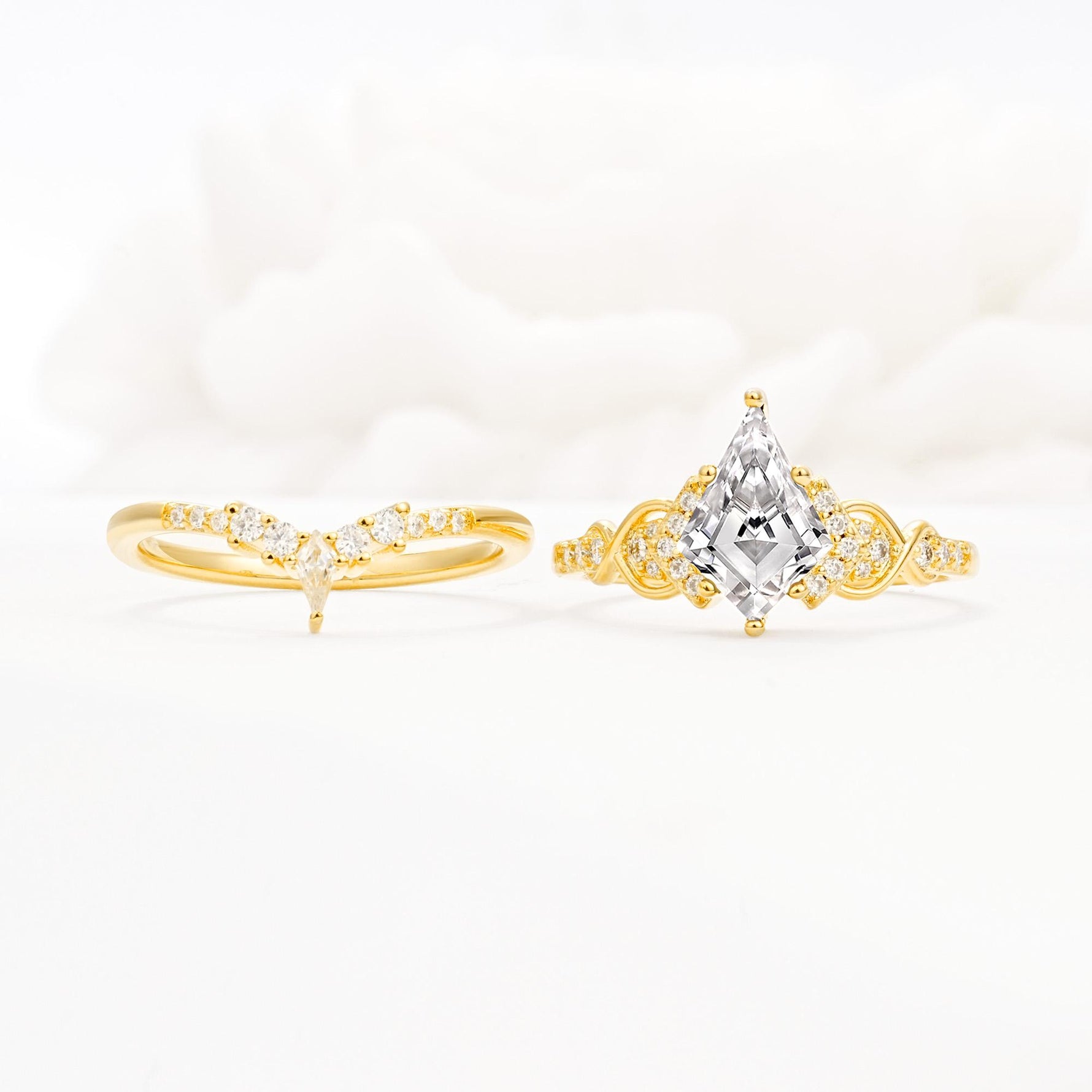 Vintage Kite Cut Lab Diamond Engagement Ring Set with Chevron Band - White-Gold